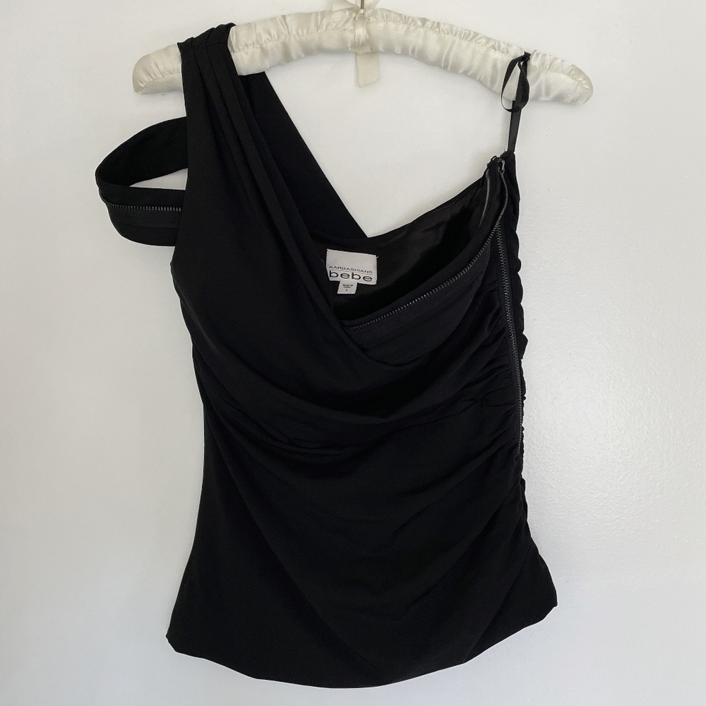 ONE SHOULDER black pleated corset top with side zipper - SIZE SMALL